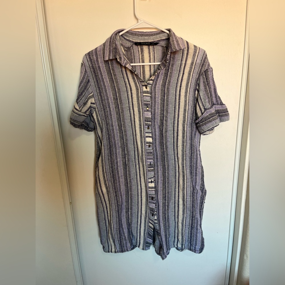 Zara Size Small Blue White Striped Button Shirt Down Dress Wool Cotton Blend